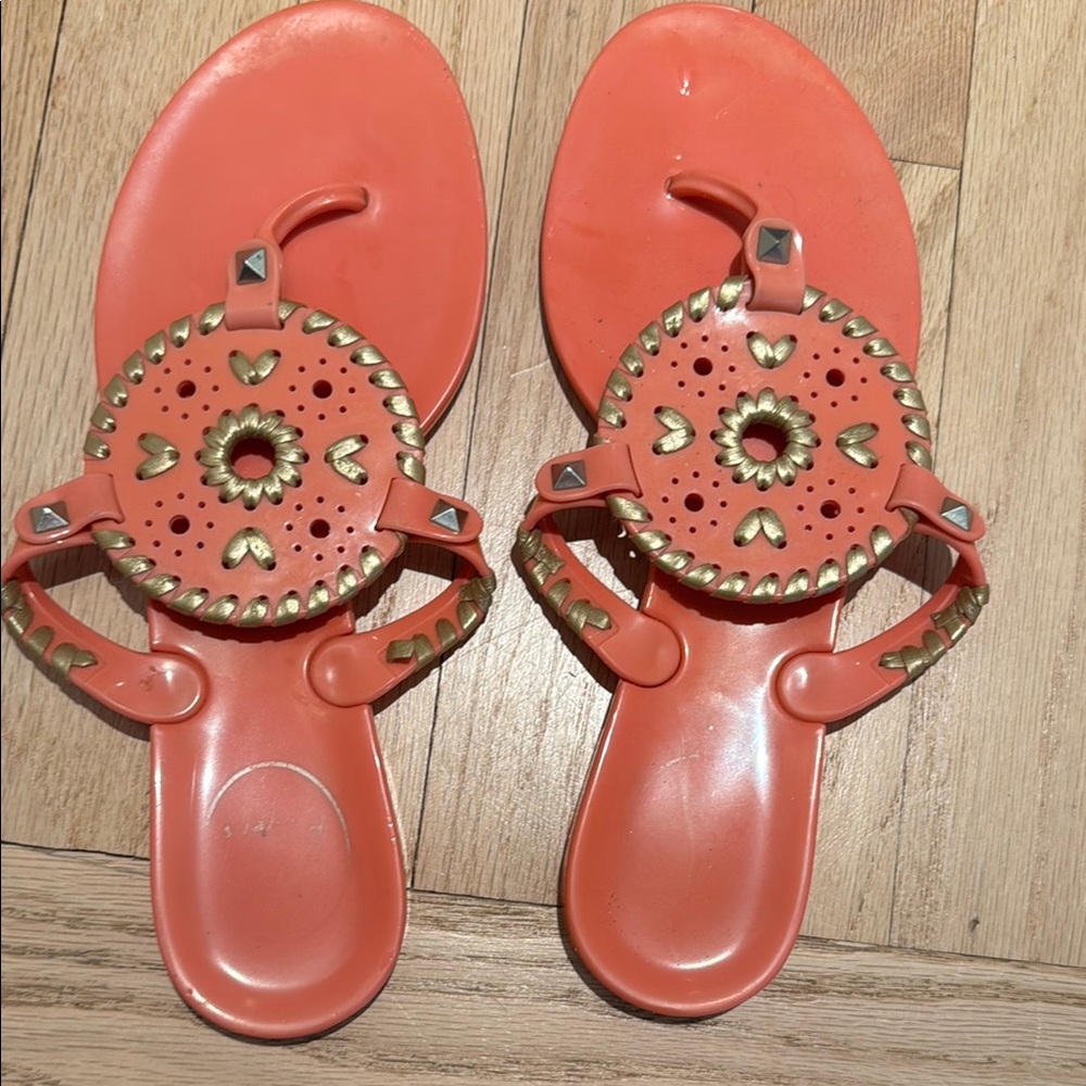 Jack Rogers pink/orange with gold detail Jelly Sandals with Medallion Design
